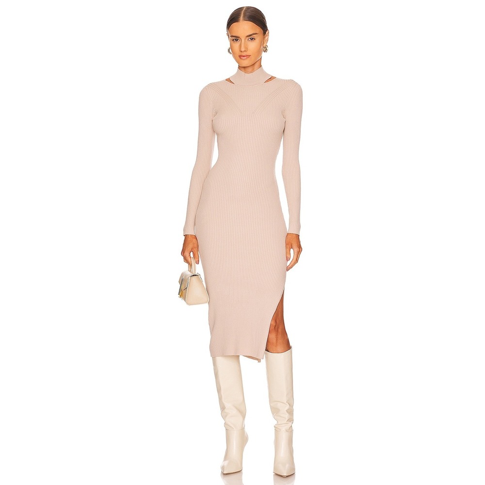 Heartloom Ribbed Mock Neck Cutout Midi Dress Beige Size S - Picture 1 of 5